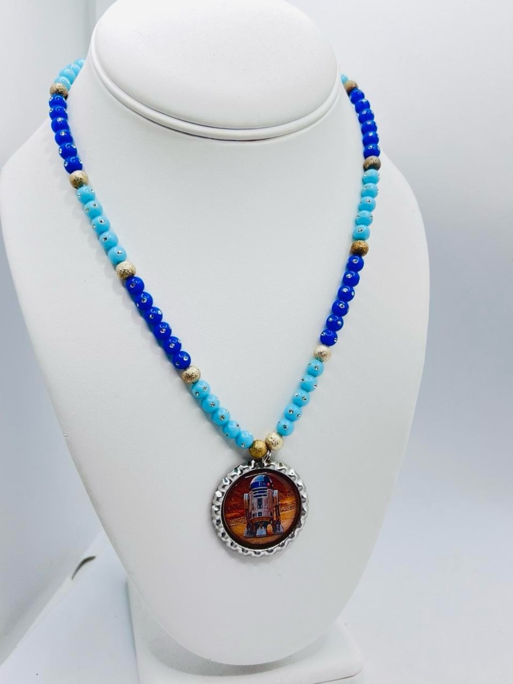 Blue Beaded R2D2 Pendant Necklace with Retro Robot Star Wars